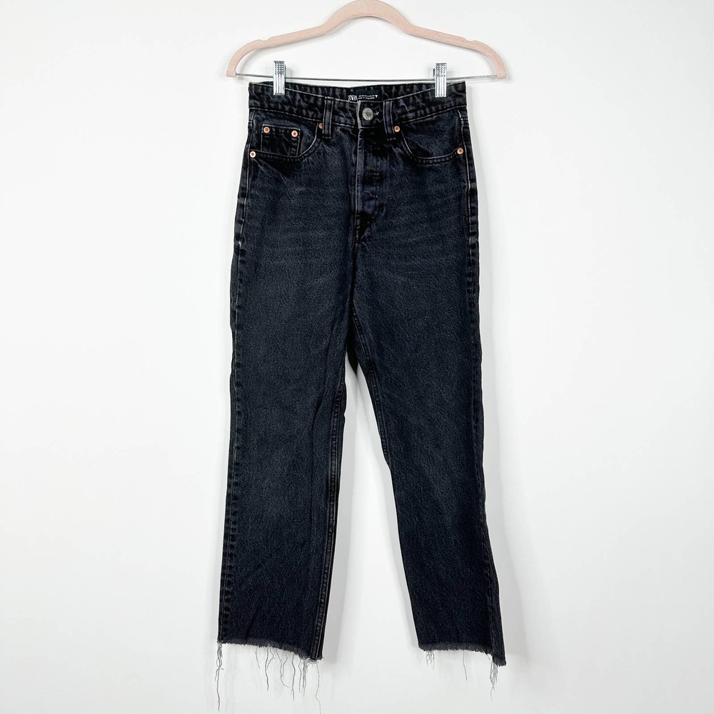 ZARA High Rise Straight Leg Jeans 2 Black Rinse Raw Hem #7578